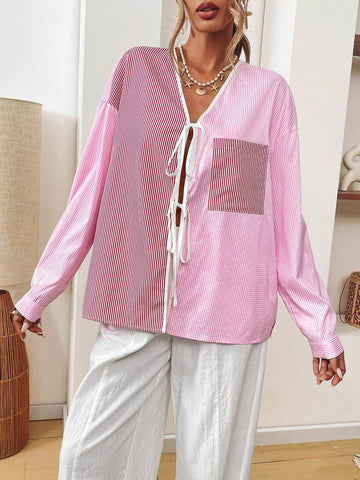 VCAY Casual Woven Striped Patchwork Tie Front Loose Blouse For Women