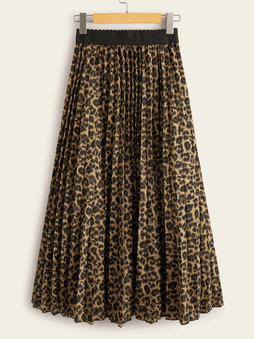 VCAY Cheetah Print Elastic Waist Pleated Skirt