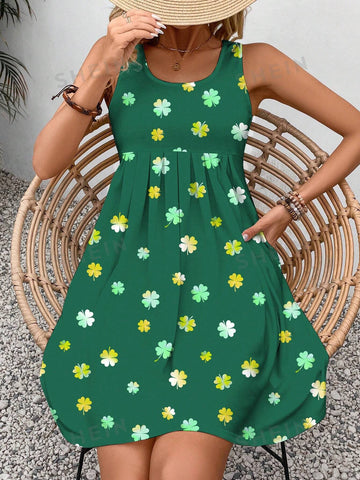 Clover Print Round Neck Pleated Sleeveless Dress