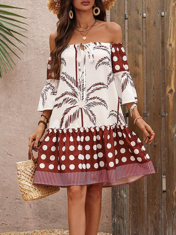 Coconut Tree Patchwork Polka Dot Print One Shoulder Dress With Ruffles Hem