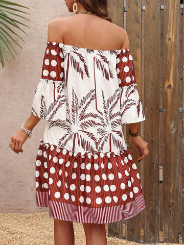 Coconut Tree Patchwork Polka Dot Print One Shoulder Dress With Ruffles Hem