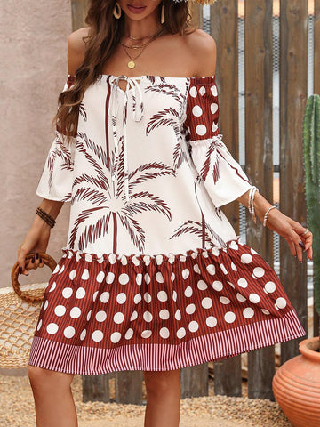Coconut Tree Patchwork Polka Dot Print One Shoulder Dress With Ruffles Hem