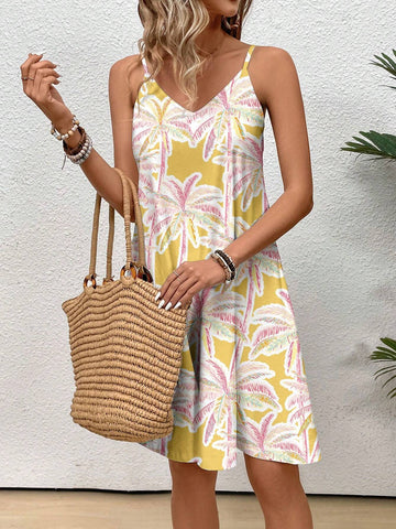 Coconut Tree Printed V-Neck Loose Spaghetti Strap Dress