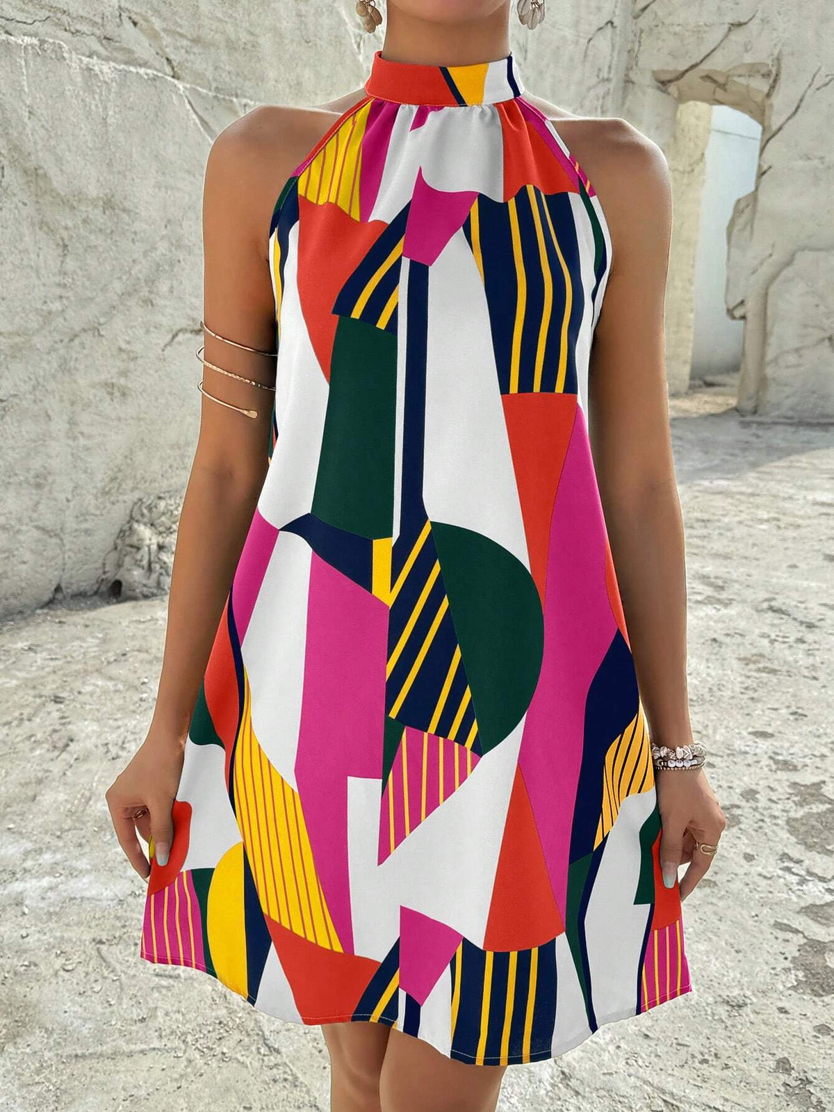 Color-Block Printed Spaghetti Strap Vacation Leisure Dress With V-Neck