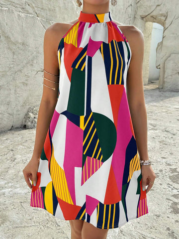 Color-Block Printed Spaghetti Strap Vacation Leisure Dress With V-Neck