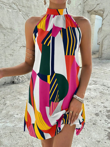 Color-Block Printed Spaghetti Strap Vacation Leisure Dress With V-Neck