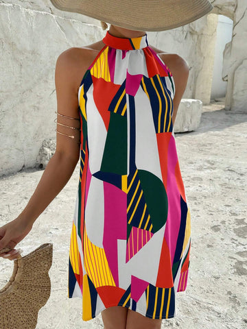 Color-Block Printed Spaghetti Strap Vacation Leisure Dress With V-Neck