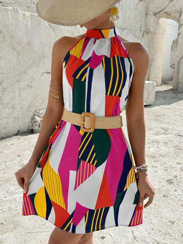 Color-Block Printed Spaghetti Strap Vacation Leisure Dress With V-Neck