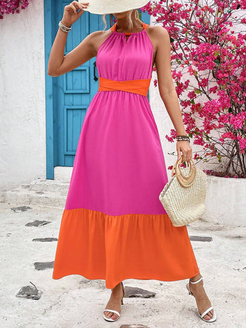 Color Block Cross Halter Neck Open Back Spring And Summer Dress