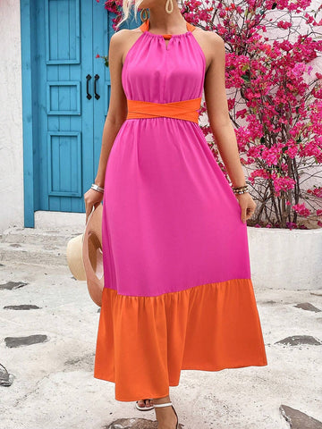 Color Block Cross Halter Neck Open Back Spring And Summer Dress