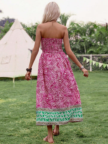 Color Block Flower Printed Strapless A-Line Dress