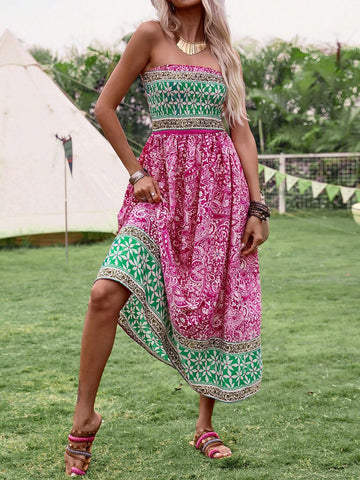 Color Block Flower Printed Strapless A-Line Dress