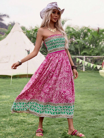 Color Block Flower Printed Strapless A-Line Dress