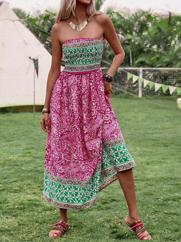 Color Block Flower Printed Strapless A-Line Dress