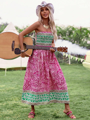 Color Block Flower Printed Strapless A-Line Dress