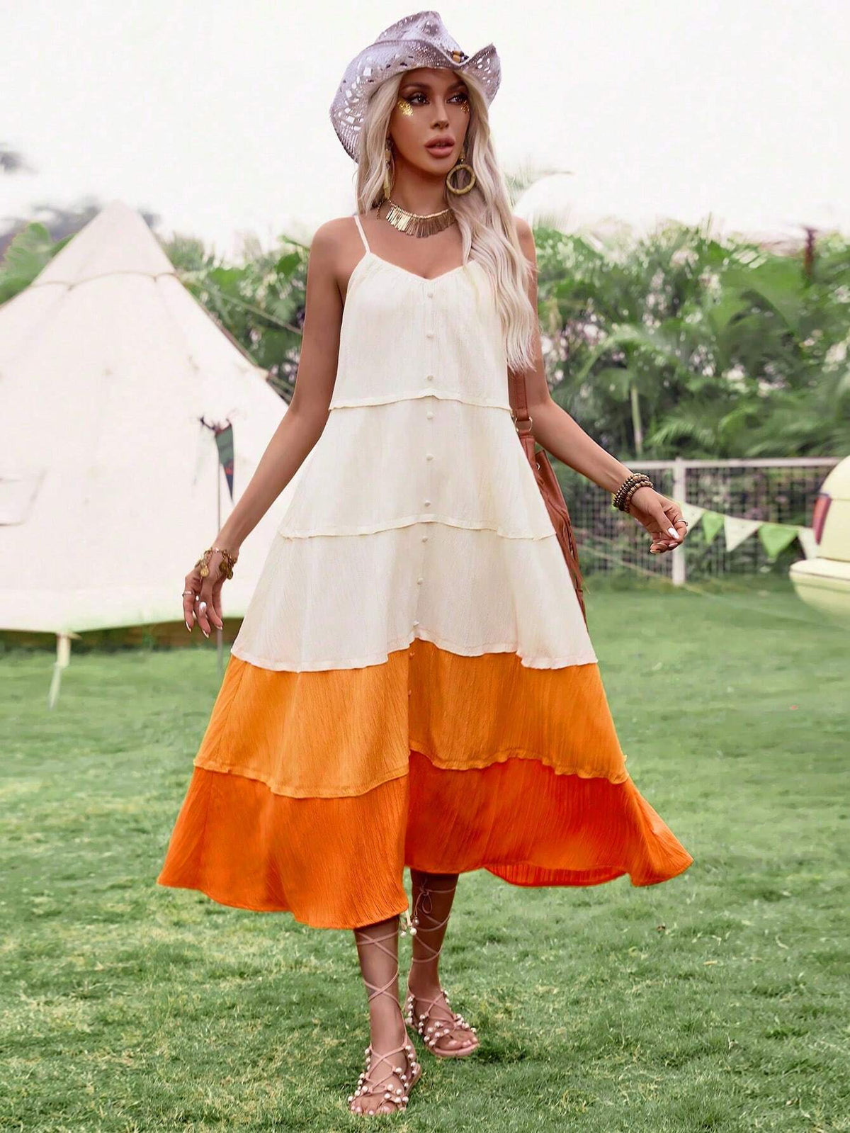 Color Block Multi-Layer Spaghetti Strap Dress