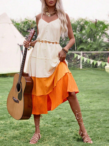 Color Block Multi-Layer Spaghetti Strap Dress