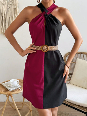 VCAY Color Block Off Shoulder Halterneck Dress