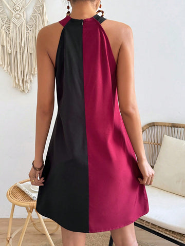 VCAY Color Block Off Shoulder Halterneck Dress