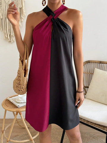 VCAY Color Block Off Shoulder Halterneck Dress
