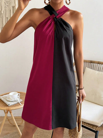 VCAY Color Block Off Shoulder Halterneck Dress