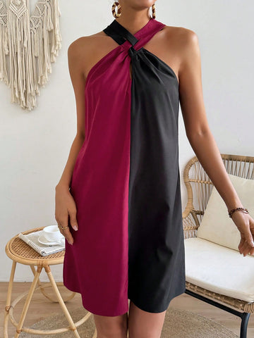 VCAY Color Block Off Shoulder Halterneck Dress