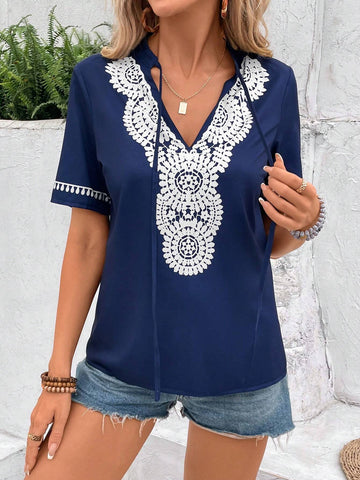 VCAY Color Block Printed Tie-Neck Summer Blouse