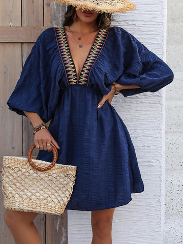 VCAY Color Block Woven Belt Deep V-Neck Dress