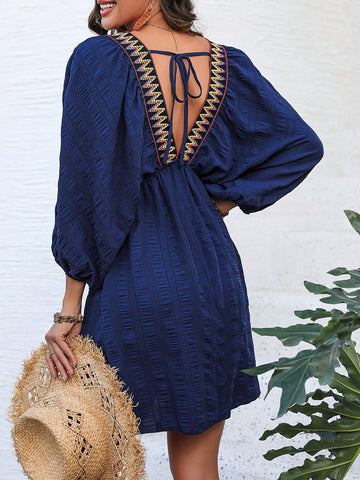 VCAY Color Block Woven Belt Deep V-Neck Dress
