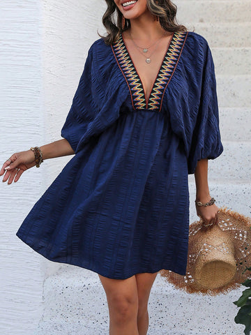 VCAY Color Block Woven Belt Deep V-Neck Dress