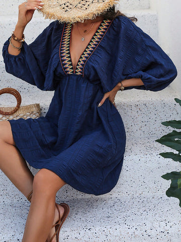 VCAY Color Block Woven Belt Deep V-Neck Dress