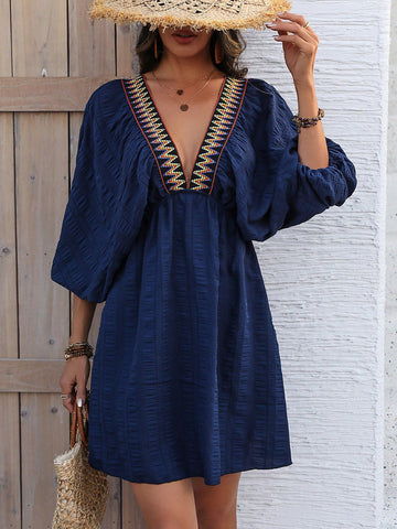 VCAY Color Block Woven Belt Deep V-Neck Dress