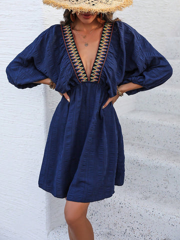 VCAY Color Block Woven Belt Deep V-Neck Dress