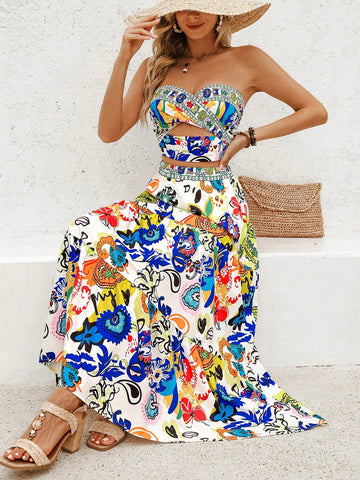 Colorful Abstract Graffiti Pattern Vacation Style Crop Top And Twisted Knot Shorts Two Piece Set
