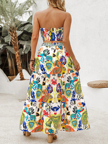 Colorful Abstract Graffiti Pattern Vacation Style Crop Top And Twisted Knot Shorts Two Piece Set