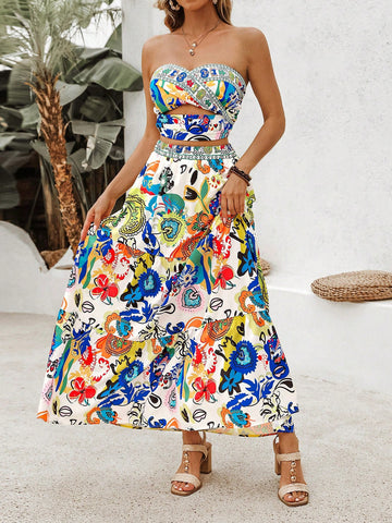 Colorful Abstract Graffiti Pattern Vacation Style Crop Top And Twisted Knot Shorts Two Piece Set