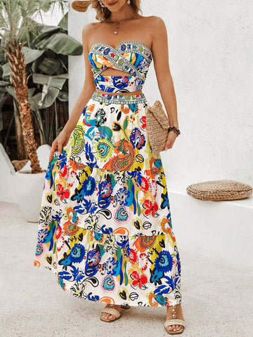 Colorful Abstract Graffiti Pattern Vacation Style Crop Top And Twisted Knot Shorts Two Piece Set