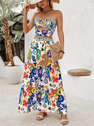 Colorful Abstract Graffiti Pattern Vacation Style Crop Top And Twisted Knot Shorts Two Piece Set