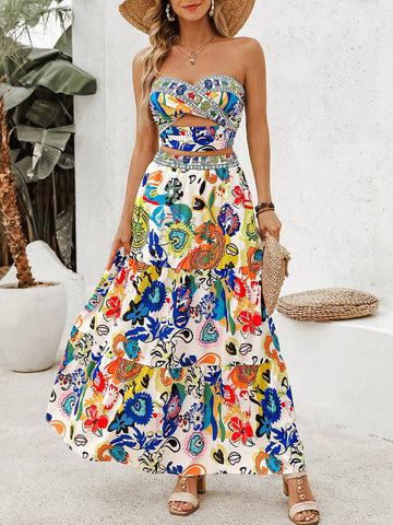 Colorful Abstract Graffiti Pattern Vacation Style Crop Top And Twisted Knot Shorts Two Piece Set