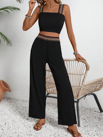 Colorful Strap Waist Tie Women's Top And Long Pants Two-Piece Set