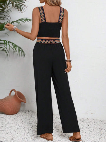 Colorful Strap Waist Tie Women's Top And Long Pants Two-Piece Set