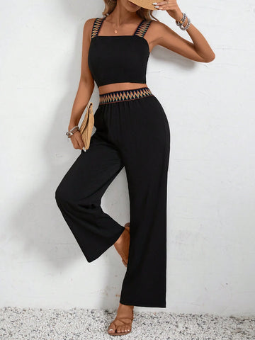 Colorful Strap Waist Tie Women's Top And Long Pants Two-Piece Set