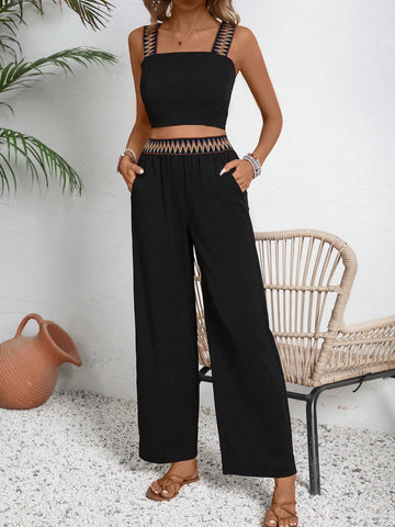 Colorful Strap Waist Tie Women's Top And Long Pants Two-Piece Set