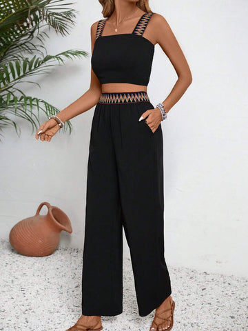 Colorful Strap Waist Tie Women's Top And Long Pants Two-Piece Set