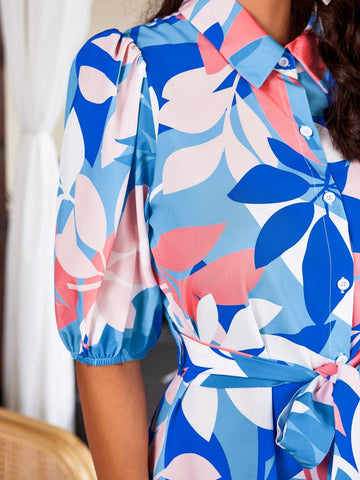 Contrast Color Leaf Print Puff Sleeve A-Line Dress
