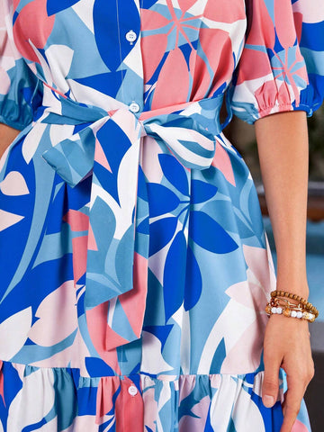 Contrast Color Leaf Print Puff Sleeve A-Line Dress