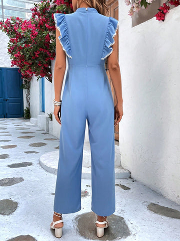 Contrast Lace Ruffle Trim Wide Leg Jumpsuit