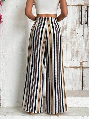 VCAY Contrast Striped High Slit Wide Leg Pants