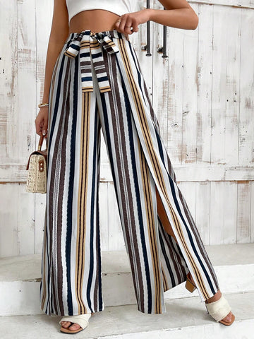 VCAY Contrast Striped High Slit Wide Leg Pants