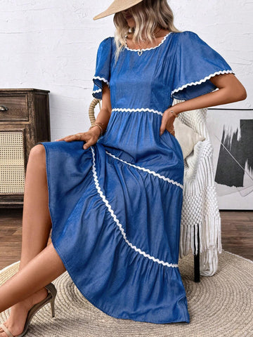 Contrast Trim Short Sleeve Ruffle Hem Vacation Casual Dress